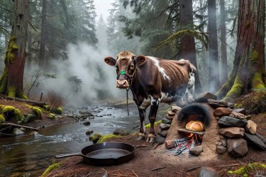 A misty 19th century Oregon forest with an iron skillet beside a river