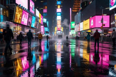 Neon lights reflecting on rain-slicked Times Square asphalt at night