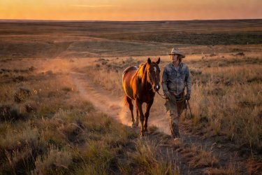 A solitary young cowboy leading a horse through South Dakota grasslands