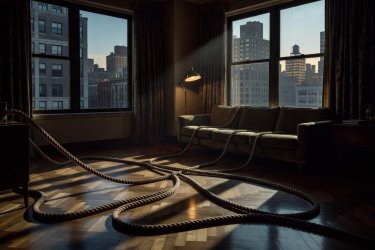A high-rise Manhattan apartment interior with shadows crossing the parquet floor