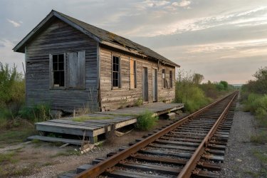An abandoned wooden train depot beside quiet railway tracks