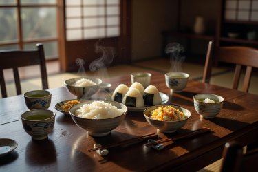 A family dining table with tea cups and freshly prepared rice dishes