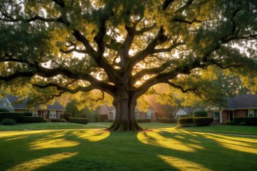 Warm golden sunlight illuminating tree canopies and suburban lawns