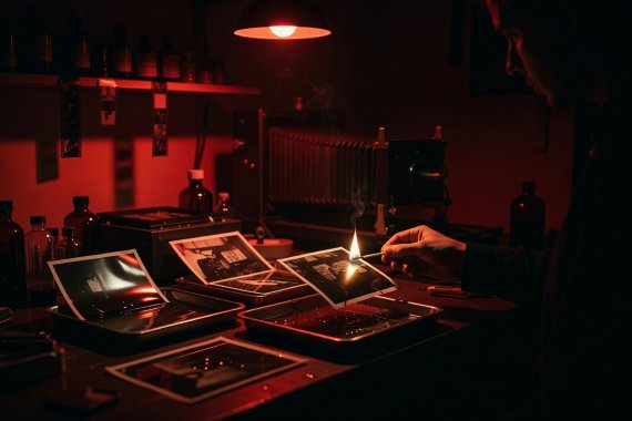 A dark photographic darkroom with red safety light illuminating developed prints