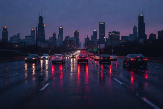 Wet highway asphalt reflecting taillights in downtown Chicago at dusk