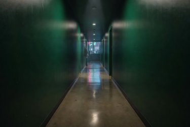 A dimly lit green corridor reflecting urban evening light