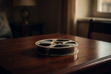 A film reel sitting on a dark wooden table in ambient room light