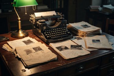 A vintage typewriter and investigative files resting under a warm desk lamp