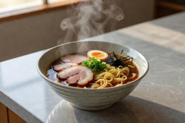 A bowl of hot steaming broth and noodles on a clean counter